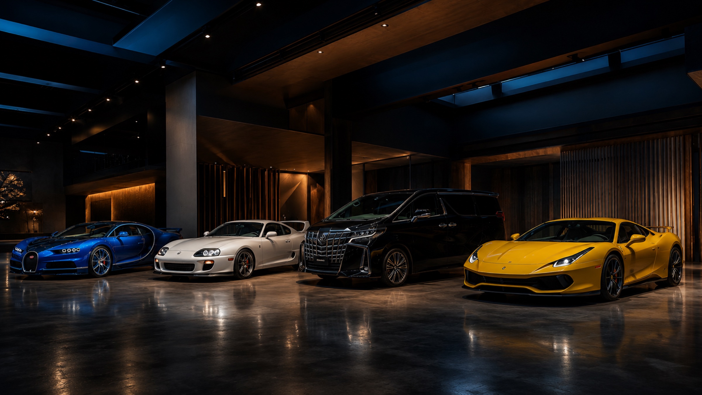 Absolute Japan dealer showroom — premium vehicles arranged in a curated display