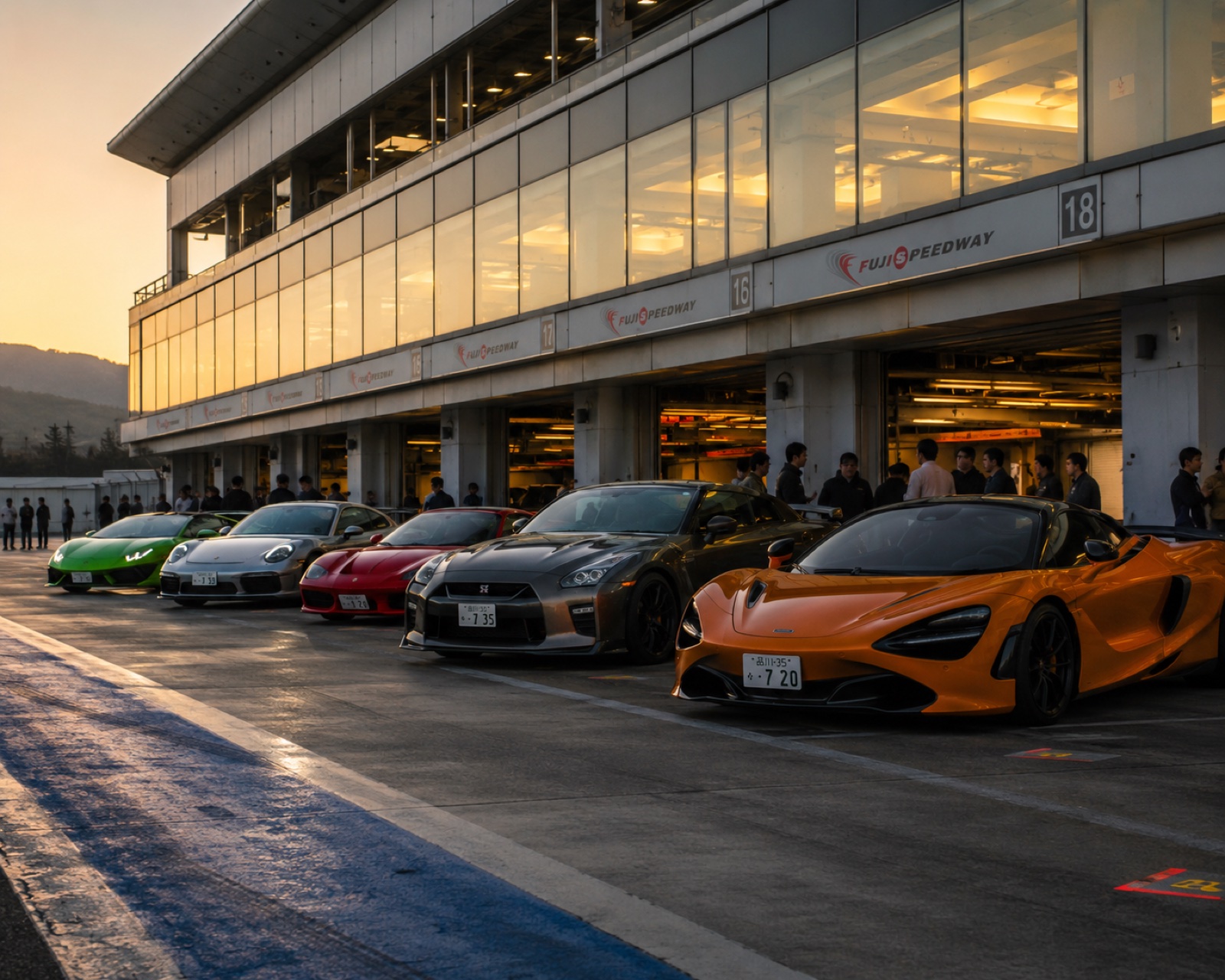 A row of premium cars along the pit wall at a Japanese race circuit — Inner Circle members' meetup