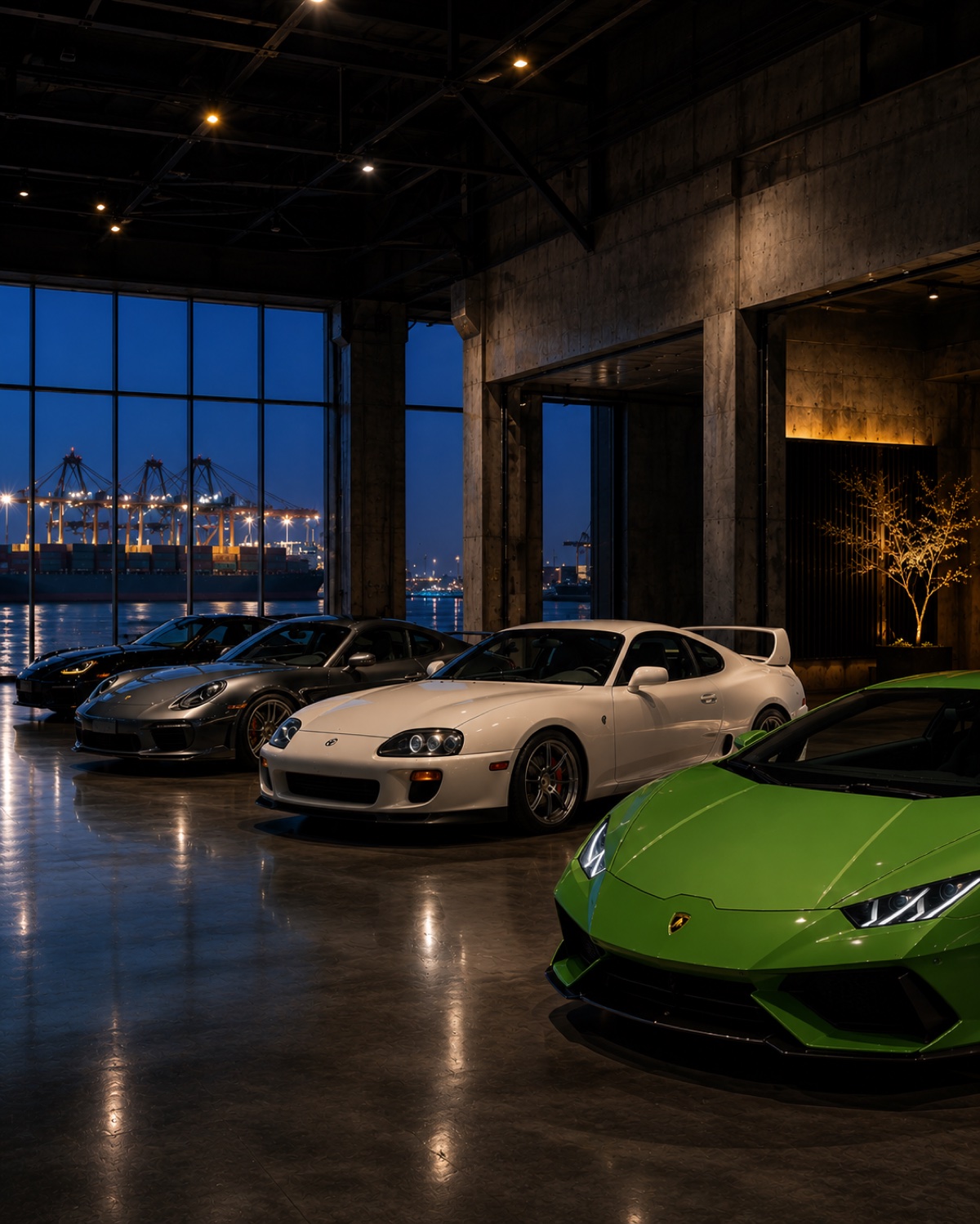 Premium Japanese export warehouse at twilight — Porsche, Supra and Lamborghini lined for export