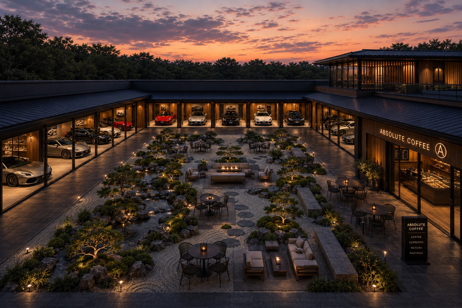 Concept rendering — Tokyo destination featuring dealership, service center, Japanese garden and café
